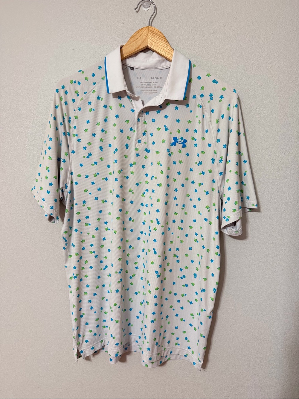 Under Armour Men’s White Polo with Blue & Green Shamrock Accents